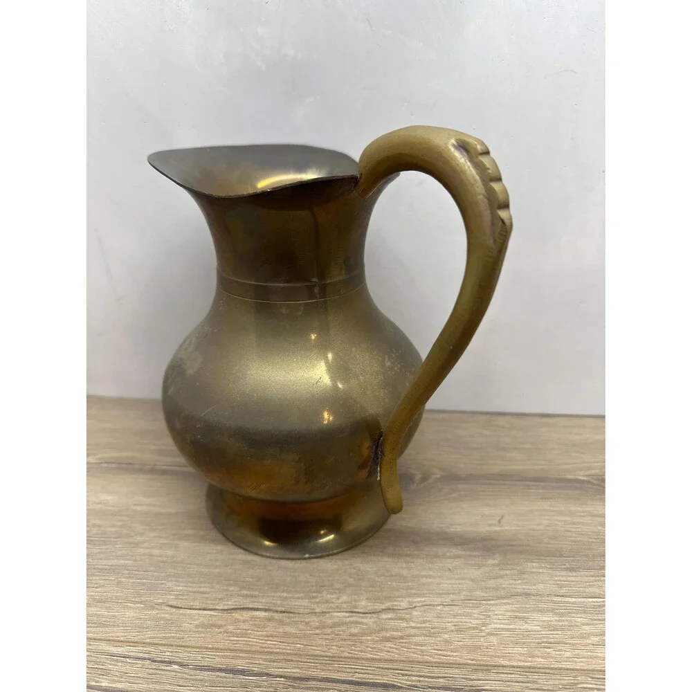 Vintage Aged Solid Brass Pitcher Cast Handle Patina Rustic Decor Vase